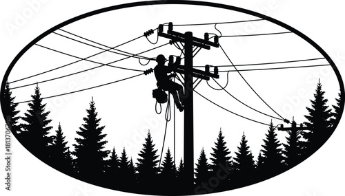 Utility worker climbing power pole in forest, silhouette illustration of electrical line maintenance, rural infrastructure, safety gear, conifer background