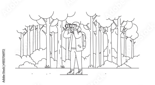 Hiker Observing Nature with Binoculars in Forest Line Art Illustration