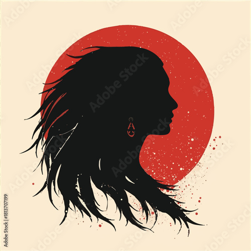 Yabusame black sumi-e silhouette of a beautiful woman
