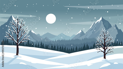 Beautiful winter landscape with snow-covered mountains, bare trees, and a full moon under falling snow.