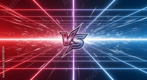 Digital versus battle arena with red and blue neon grid background