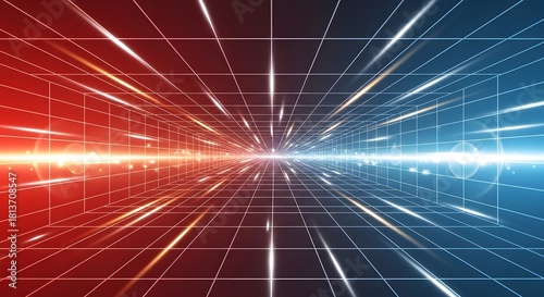 Abstract digital tunnel with red and blue light streaks converging toward a central vanishing point, featuring grid lines and glowing effects.