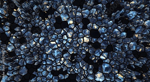 Close-up view of blue crystalline structures with reflective surfaces and geometric patterns