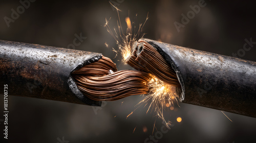 severed. Severed electrical cable with sparks from exposed copper wires. product launch decks, UI/UX mockups, designed for product launches and innovation pitches, highlights innovation.