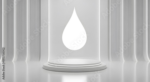 A minimalist white droplet symbol illuminated on a pedestal within a modern, columned space