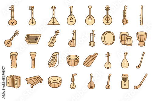 Traditional folk musical instruments icon set