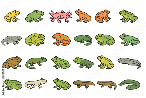 Colorful amphibians icon set – Frogs, newts, salamanders & tadpoles