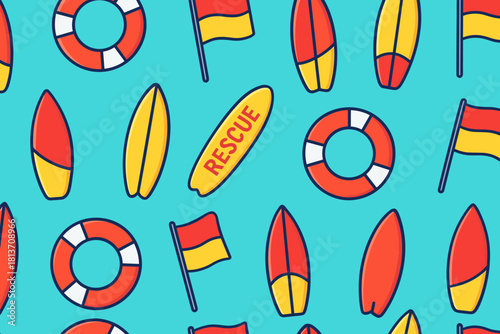Seamless beach rescue pattern with surfboards and lifebuoys