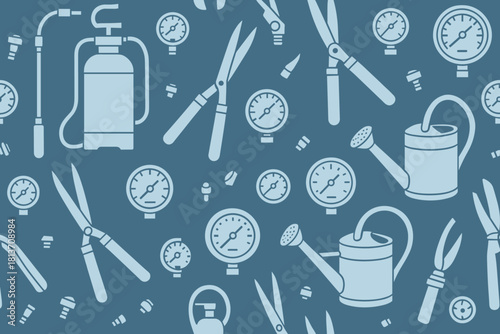 Seamless garden tools and pressure gauges pattern in monochrome blue