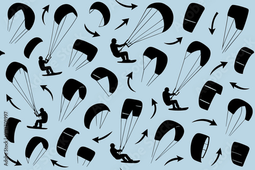 Seamless pattern of kitesurfers and kites on blue background