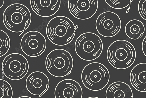 Seamless vinyl record pattern with turntables on dark background