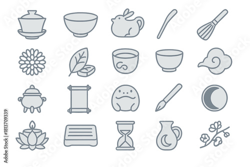 Minimalist tea ceremony and East Asian culture icons in grayscale