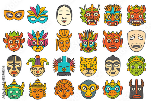 Colorful collection of traditional and cultural masks from around the world