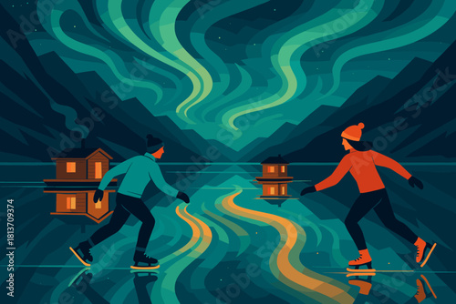 Couple ice skating under northern lights in mountain landscape