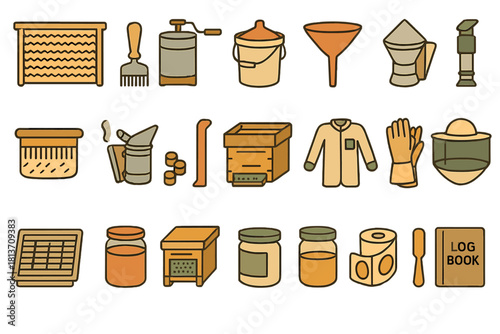 Beekeeping equipment and honey production icon set