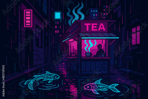 Neon tea stand in rainy alley with glowing koi fish