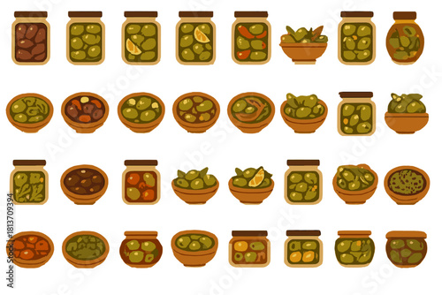 Collection of assorted pickled olives in jars and bowls