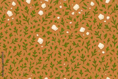 Seamless arugula and feta cheese pattern on brown background