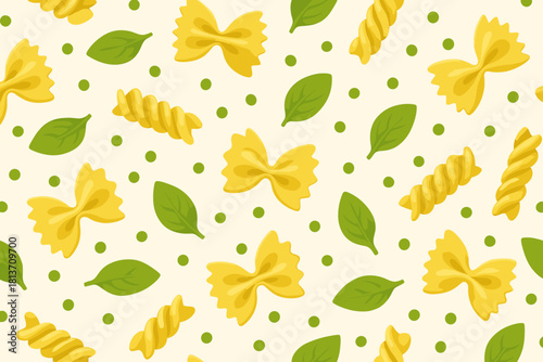 Seamless pasta pattern with farfalle, fusilli, basil leaves, and peas on cream background