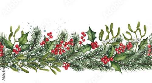 Watercolor Christmas Garland Seamless Border: Holly, Mistletoe, and Pine Foliage