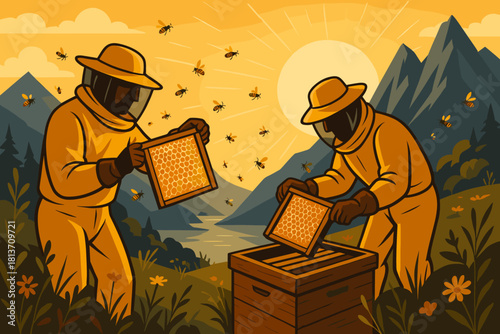 Beekeepers inspecting honeycomb frames in mountain landscape