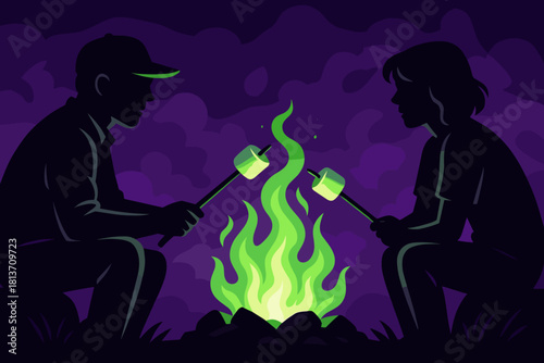 Silhouetted campers roasting marshmallows over a glowing green fire
