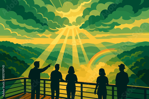 People admiring sunrise and rainbow over scenic mountain view