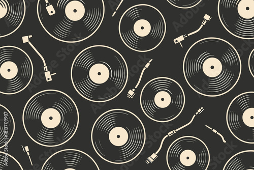 Seamless pattern of vinyl records and tonearms in retro style