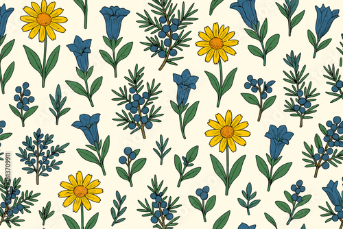 Seamless botanical pattern with yellow flowers and blue berries