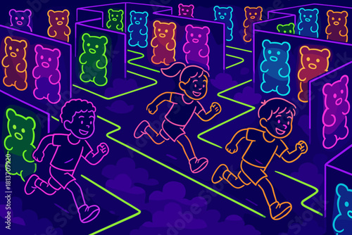 Children running through neon gummy bear maze at night