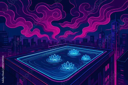 Futuristic rooftop pool with neon lotus flowers at night