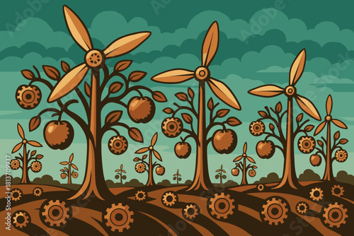 Surreal wind turbine trees with gears and fruit in a field