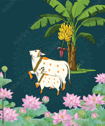 Banana tree with pichwai lotus and traditional cow with mandala background