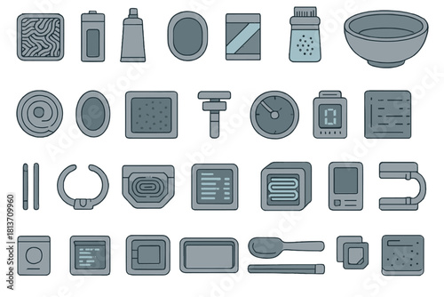 Modern instant ramen and utensil icon set – monochrome edition