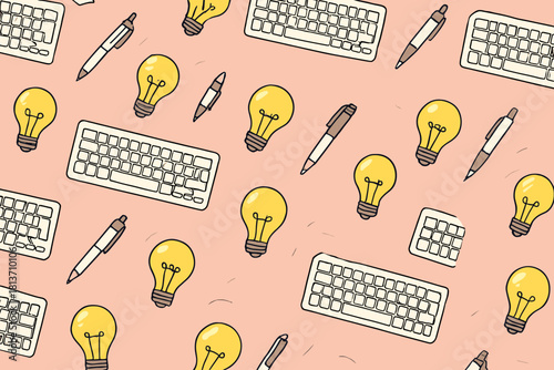 Creative workspace seamless pattern with light bulbs and keyboards