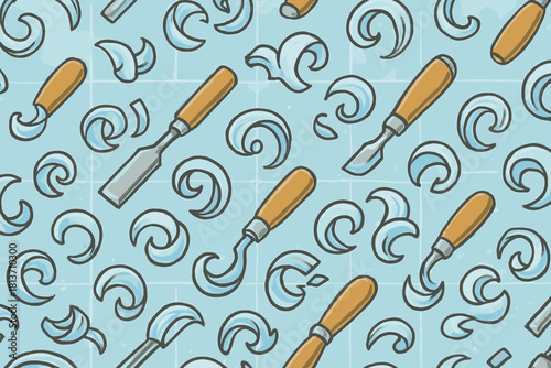 Seamless pattern of wood carving tools and shavings