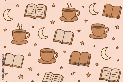 Warm cozy pattern with books, coffee cups, stars, and crescent moons