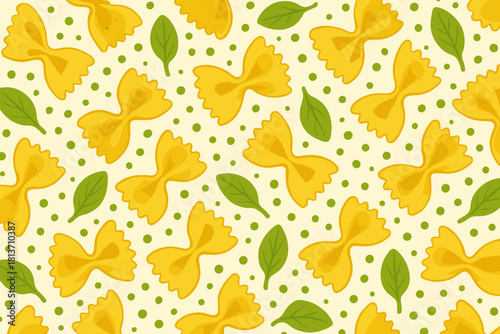 Farfalle pasta and basil leaf seamless pattern with green polka dots on cream background