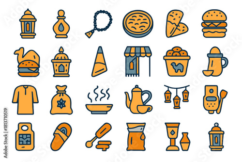 Eid & Ramadan icons – food, prayer, and celebration set