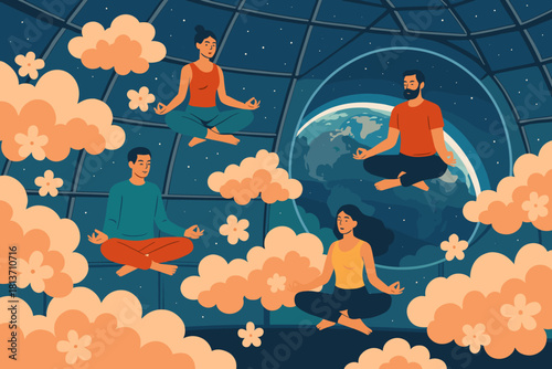 People meditating in space among clouds with Earth in view