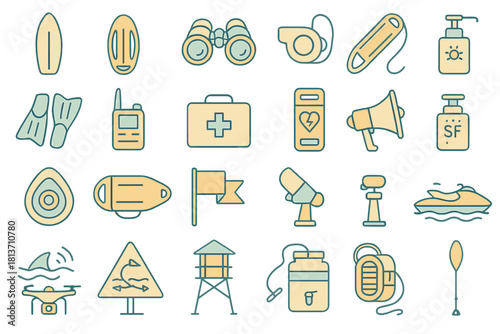 Beach safety and lifeguard equipment icon set