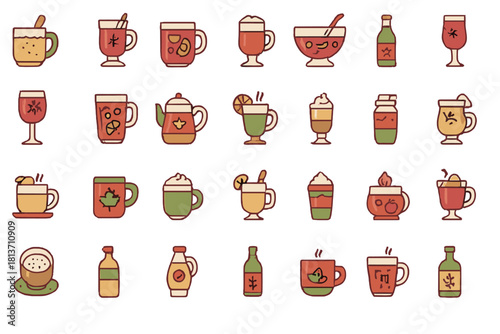 Warm Autumn Drink Icons – Cozy Fall Mugs & Festive Bottles on Red Background