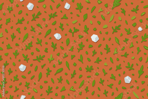 Seamless pattern of green herbs and cheese on orange background