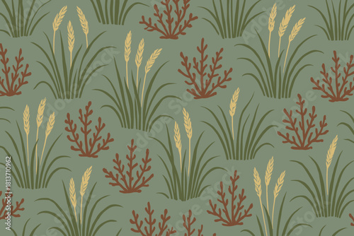 Seamless botanical pattern with wheat stalks and red seaweed on green background