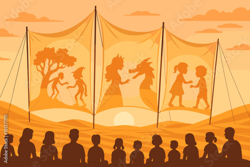 Fairy tale shadow puppet show in sunset desert setting