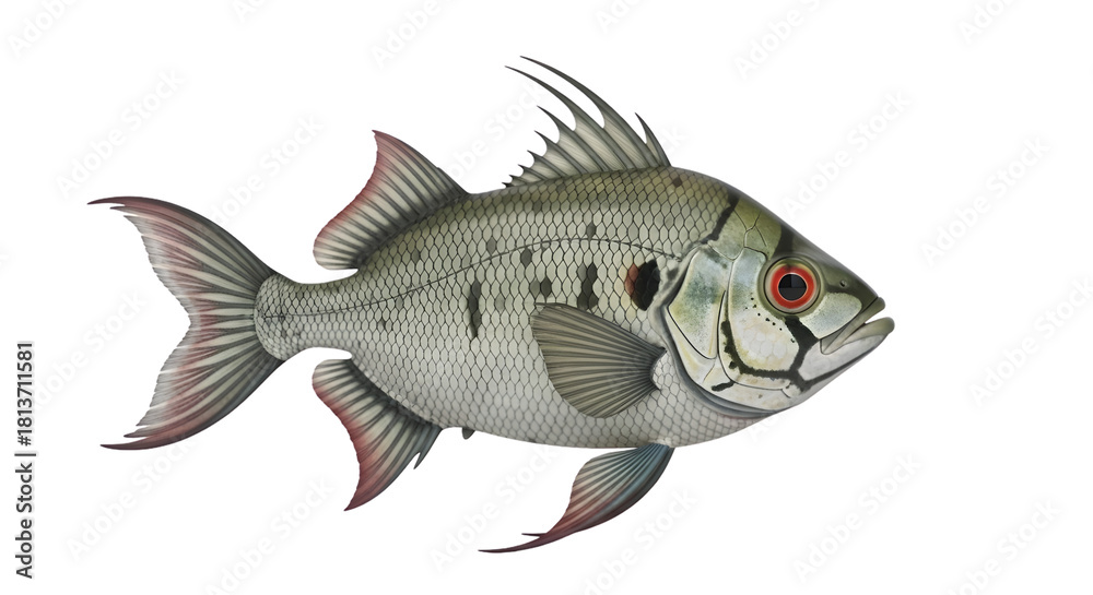 Obraz premium Exotic freshwater fish with red eye and detailed scale patterns