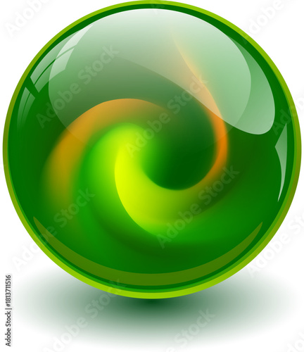 Marble green glass ball with green spiral shape inside, shiny sphere with interesting marble pattern.