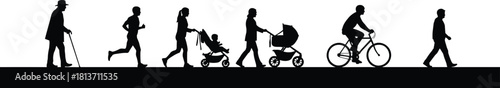 Black silhouette of people moving on street, elderly man, runner, mothers with baby strollers, and cyclist riding bike.