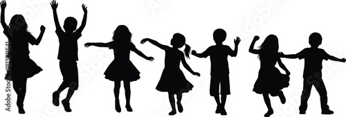 Set of black silhouettes of happy children jumping and dancing together, group of active kids having fun, vector illustration.