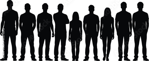 Black silhouettes of large group of young people standing in a row, diverse men and women team vector.